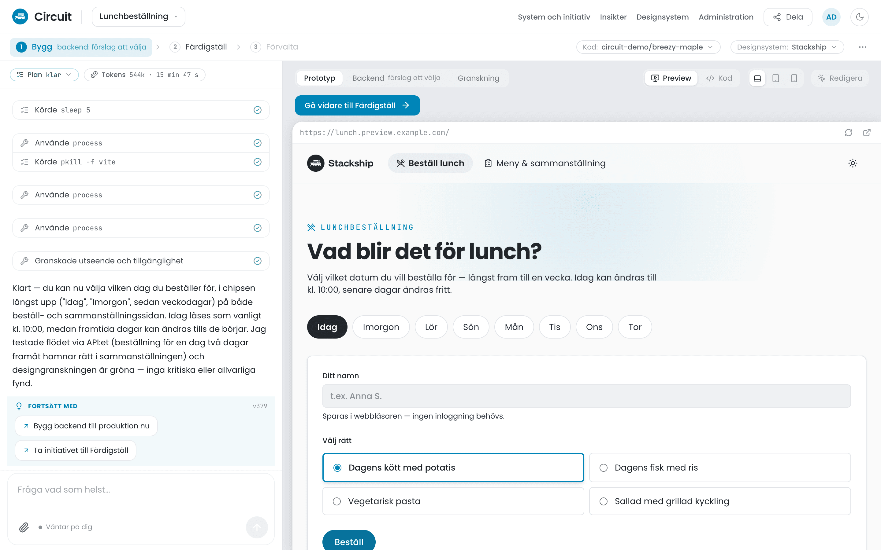 Bygg i Circuit: samtalet med agenten bredvid prototypen för en lunchbeställning